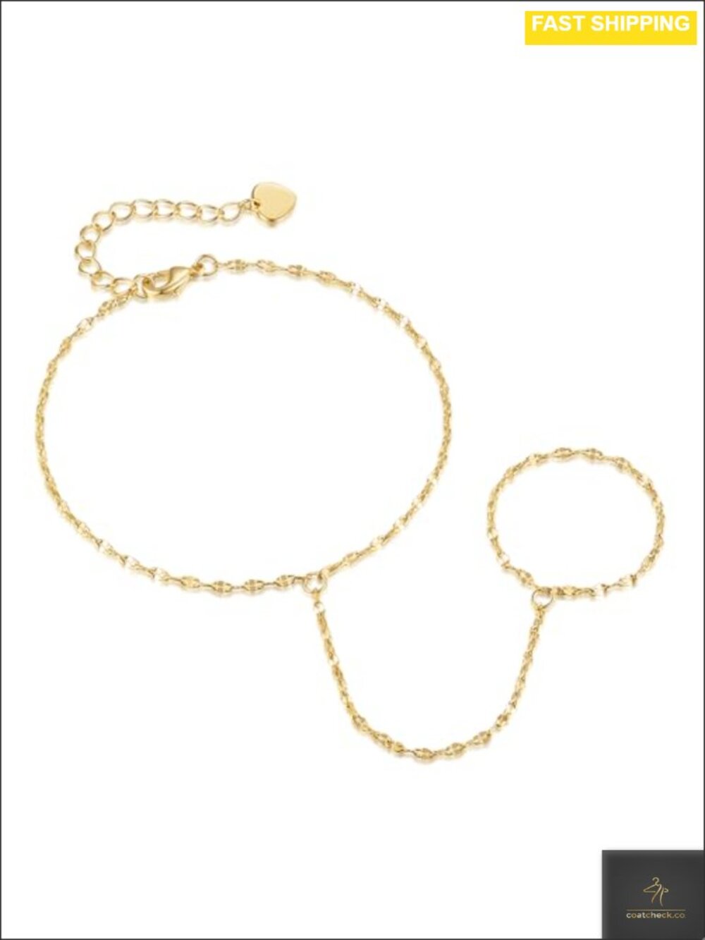 14K Gold Plated Hand Chain Bracelet with Rings for Women Adjustable Chain Link